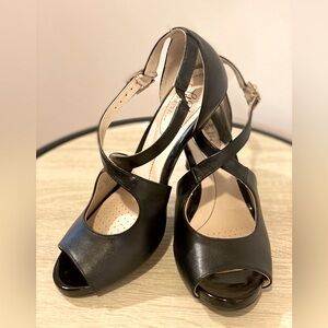 Black Leather, kitten heel, top cross strap shoes